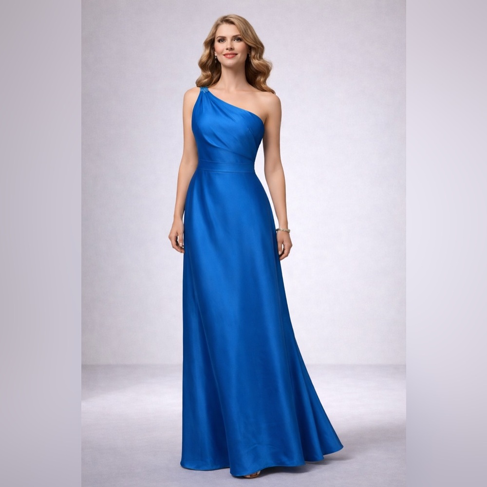 NEW Alfred Angelo Beaded One Shoulder Satin Gown Sky Blue